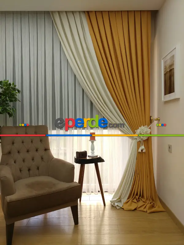 Salon Fon Perde - Hardal Sarı Krem Renk Kombinli Jakar Desenli Fon Perde- Krem