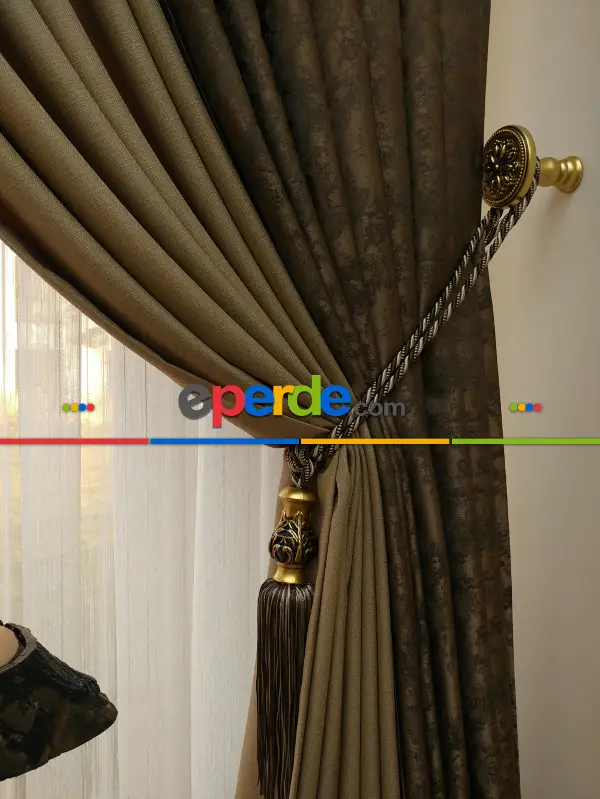 Açık Koyu Kahve Renk Kombinli Desenli Fon Perde- Kahve Koyu-sütlü Kahve