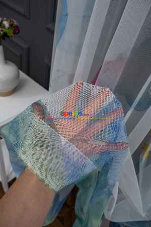 Hazır Ölçülü Petek Zemin Turuncu Ve Mavi Renkli Balon Ve Manzara Desenli Grek Baskılı Tül Perde