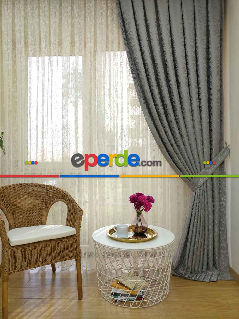 Açık Gri Duz Jakar Fon Perde (180)- Gri Açık