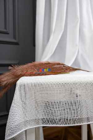 Hazır Ölçülü Örme Eteği Bantlı Sugar Tül Perde - Ekru