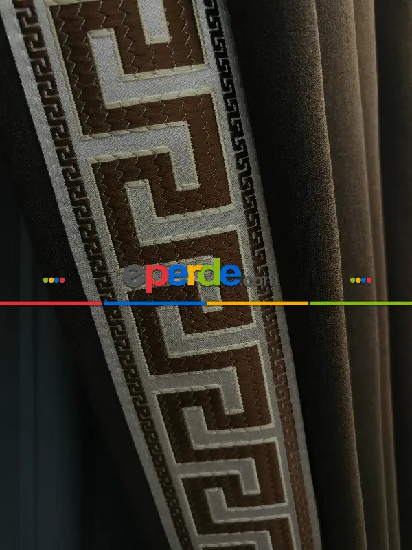 Modern Bordürlü Salon Fon Perdesi İkon 2021 Elıte- Krem Açık-kahve Venge-kahve