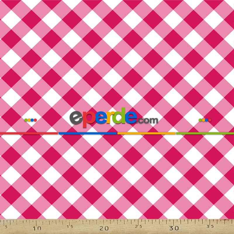 Fuşya Ekoseli Mutfak Perdesi Kanat Fon Perde Desenli- Beyaz