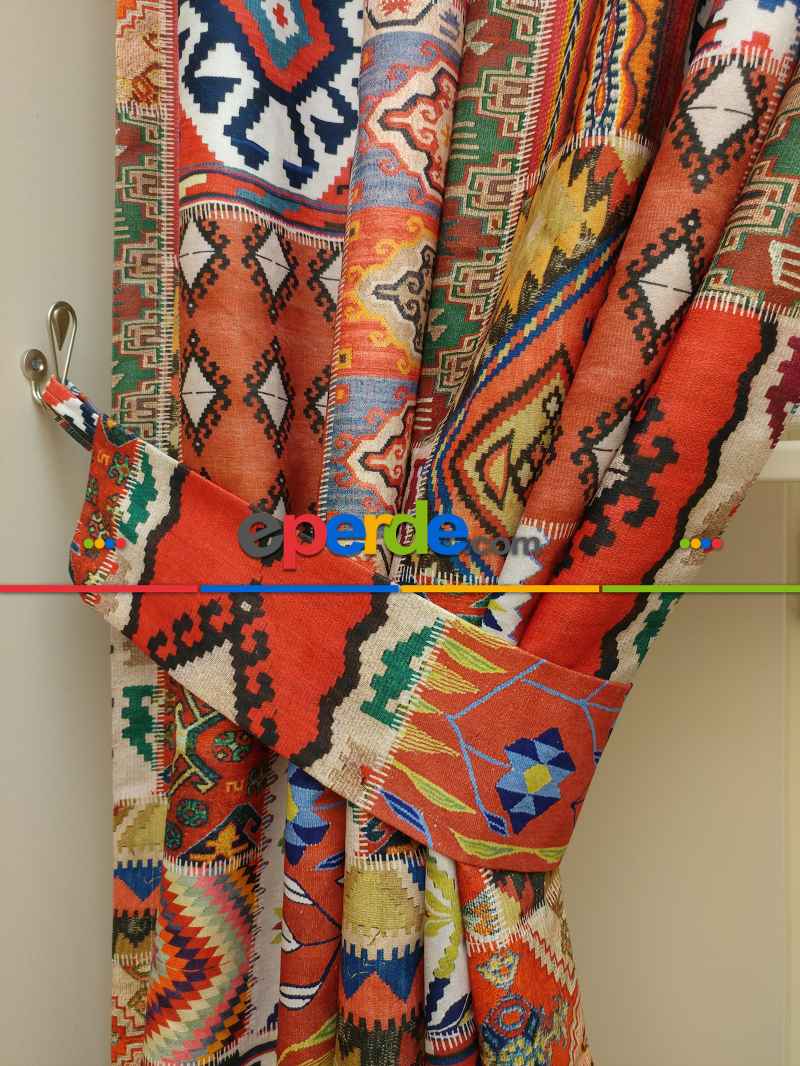 Mutfak Perdesi Kanat Fon Perde Kilim Desenli- Lacivert