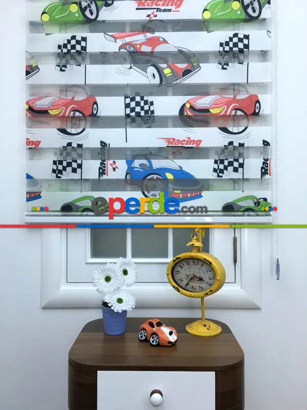 Zebra Perde - Araba-far Baskılı Çocuk Ve Genç Odası- Yeşil-mavi-kiremit Rengi