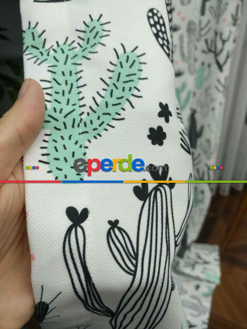 Kaktüs Desenli Fon Perde Evm694 Kumaşı Kalındır Duck Bezi Değildir- Siyah-Beyaz