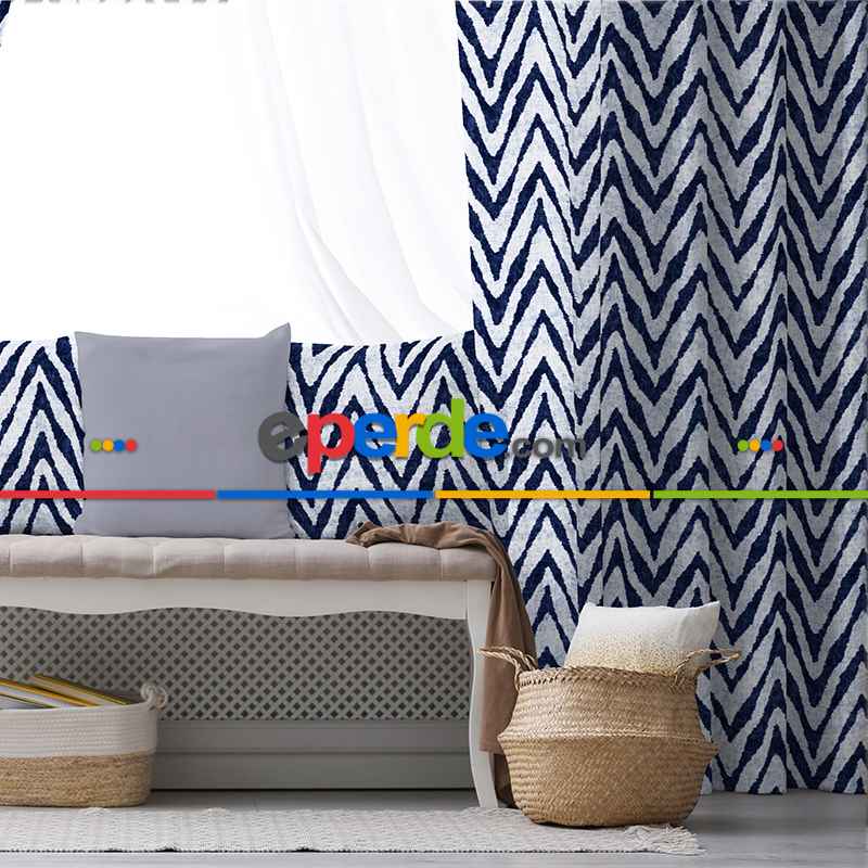 Etnik Fon Perde Evim1524 Kumaşı Kalındır Duck Bezi Değildir- Mavi-beyaz