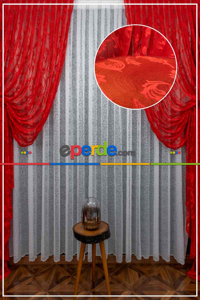 Tül Fon Kırmızı Renk Büzgülü Tasarım Moda Tasarım Fon Perde- Kırmızı 70cm X 1cm 