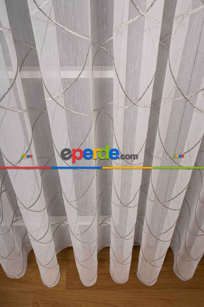 Salon Tül - Geometi Nakış Işlemeli Tül Perde Ekru - Gümüş Simli