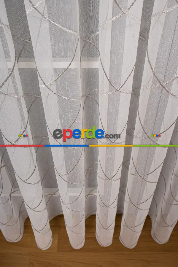 Salon Tül - Geometi Nakış Işlemeli Tül Perde Ekru - Gümüş Simli