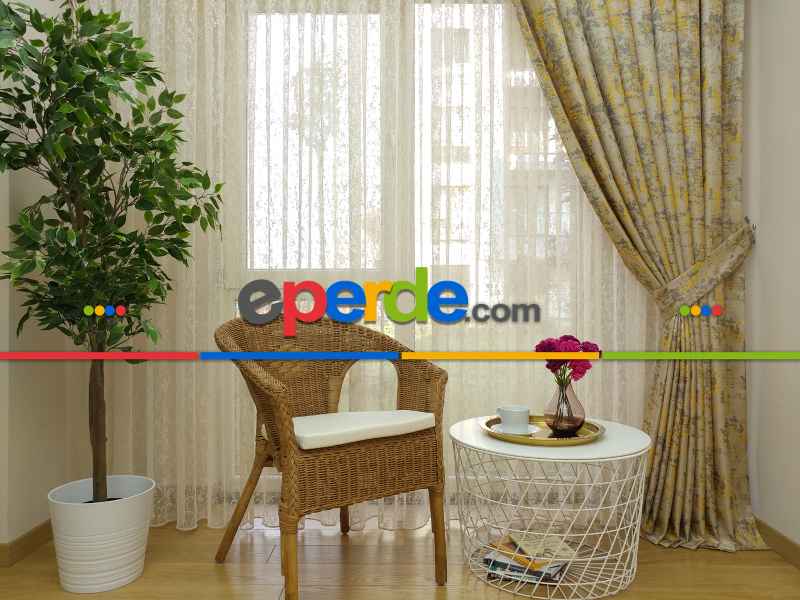 Bej Hardal Desenli Jakar Fon Perde (180)- Hardal Sarısı