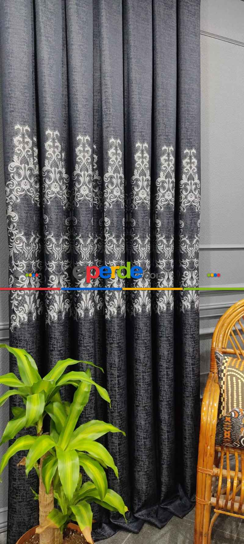 Salon Fon Perde - Lacivert Desenli Fon Perde, Adet Fiyatıdır, İstediğiniz Boy Ölçüsünde Dikilir, Eni 50 İla 100cm Arası Seçenekler, Sık Piledir 100cm X 1cm 