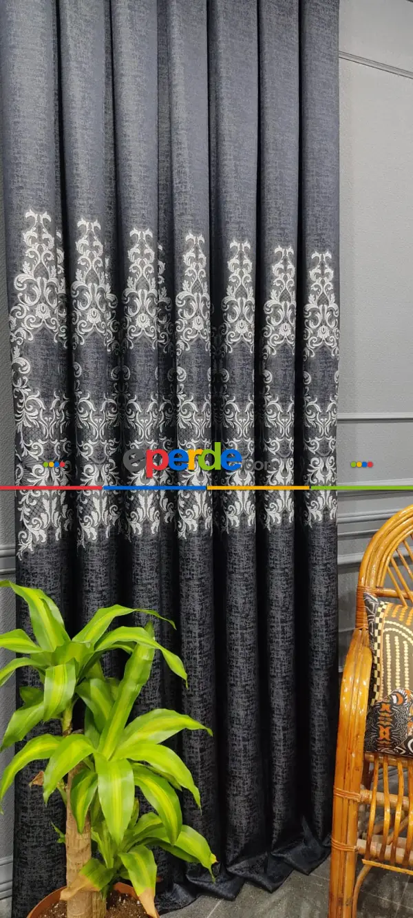 Yatak Odası - Lacivert Desenli Fon Perde, Adet Fiyatıdır, İstediğiniz Boy Ölçüsünde Dikilir, Eni 50 İla 100cm Arası Seçenekler, Sık Piledir 100cm X 1cm 