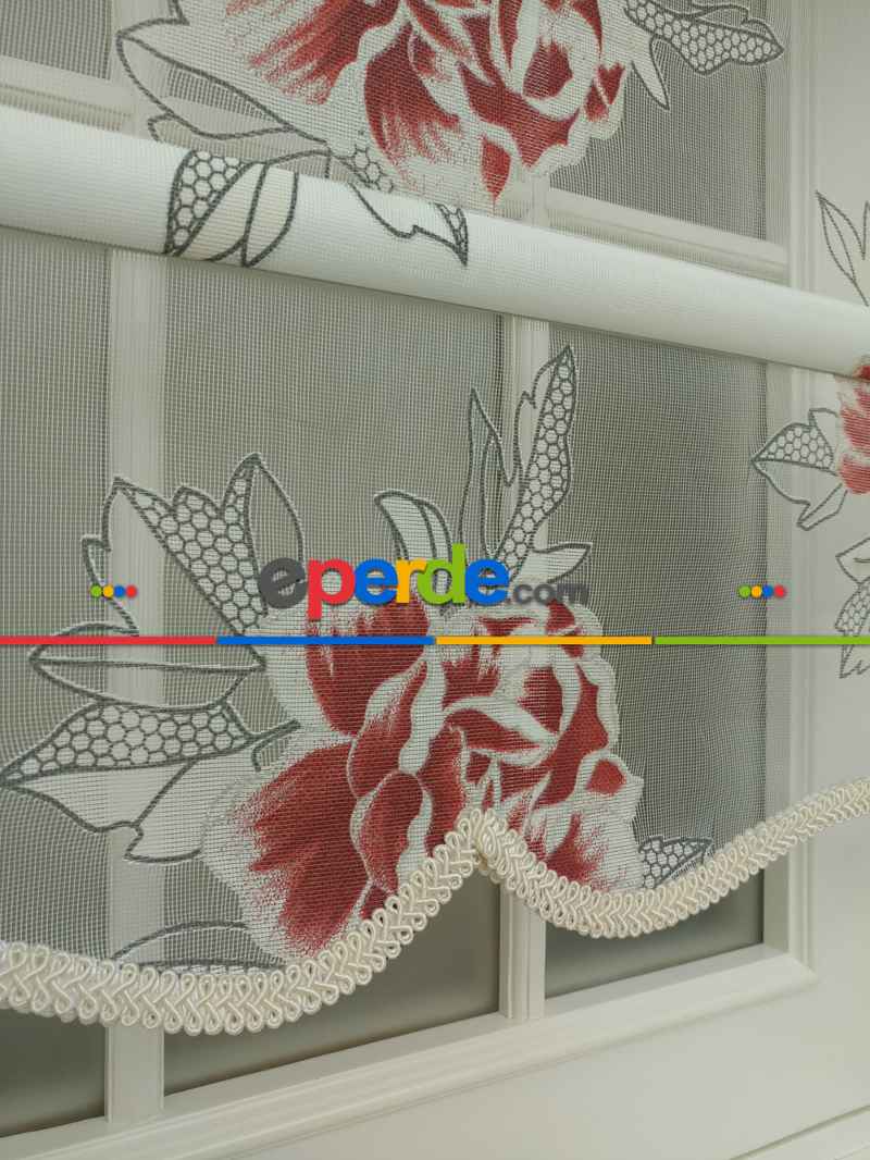 Mutfak Tül Stor Perde - Çiftli Sistem- Kırmızı