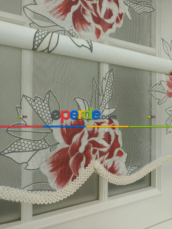 Tül Stor Çiftli Sistem Yakma Zemin Kırmızı Gül- Kırmızı-gri Açık- Çok Renkli 2