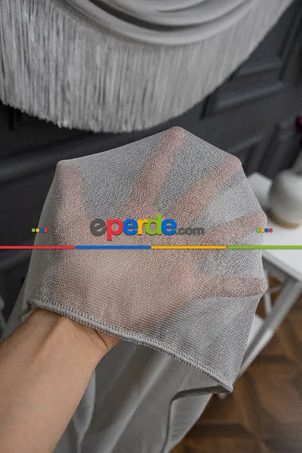 Salon - İki Renkli Yalancı Kruvaze - Tülden Fon - Halat İle Yana Toplamalı Tül - Kordon Toplama Tül - Çift Veya Tek Kanat - Püsküllü - Gri Ve Ekru Zemin, Siyah Ve Ekru Saçak Kombini