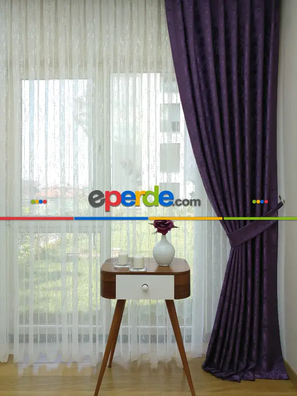 Patinedesenli Mor - Katyonik Jakar Fon Perde- Mor