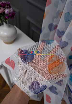 Hazır Ölçülü Petek Zemin Lacivert - Mavi Ve Turuncu Renkli Kalp Desenli Grek Baskılı Tül Perde