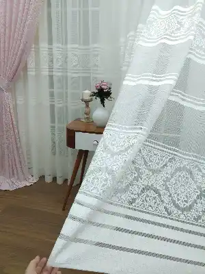 Kdk Örme Arası Bantlı Desenli Tül Perde - Krem