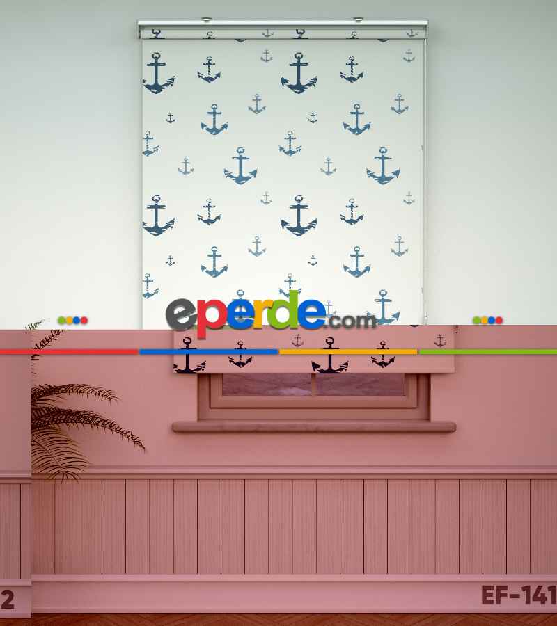 Çapa Desenli Baskılı Stor Perde- Mavi-gri-füme-antrasit-ekru