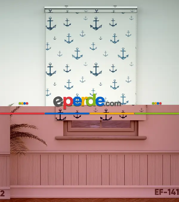 Çapa Desenli Baskılı Stor Perde- Mavi-gri-füme-antrasit-ekru