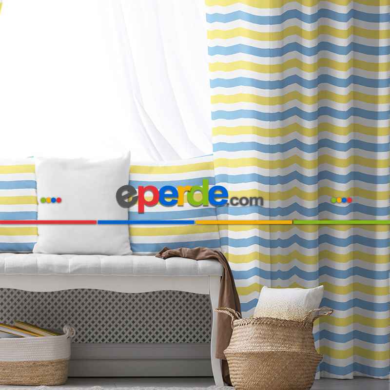 Çocuk Fon Perde Evim1616-6 Kumaşı Kalındır Duck Bezi Değildir- Mavi-beyaz