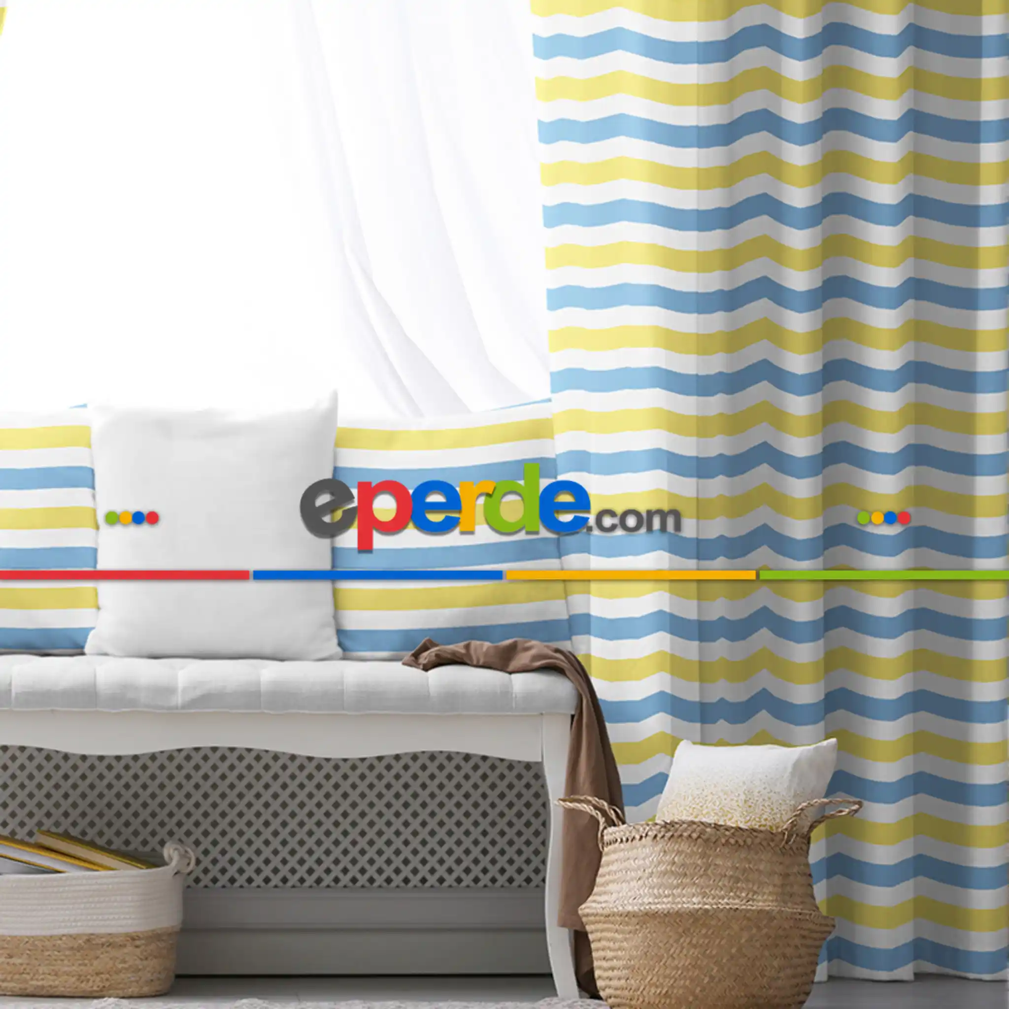 Çocuk Odası - Çocuk Fon Perde Evim1616-6 Kumaşı Kalındır Duck Bezi Değildir- Mavi-beyaz