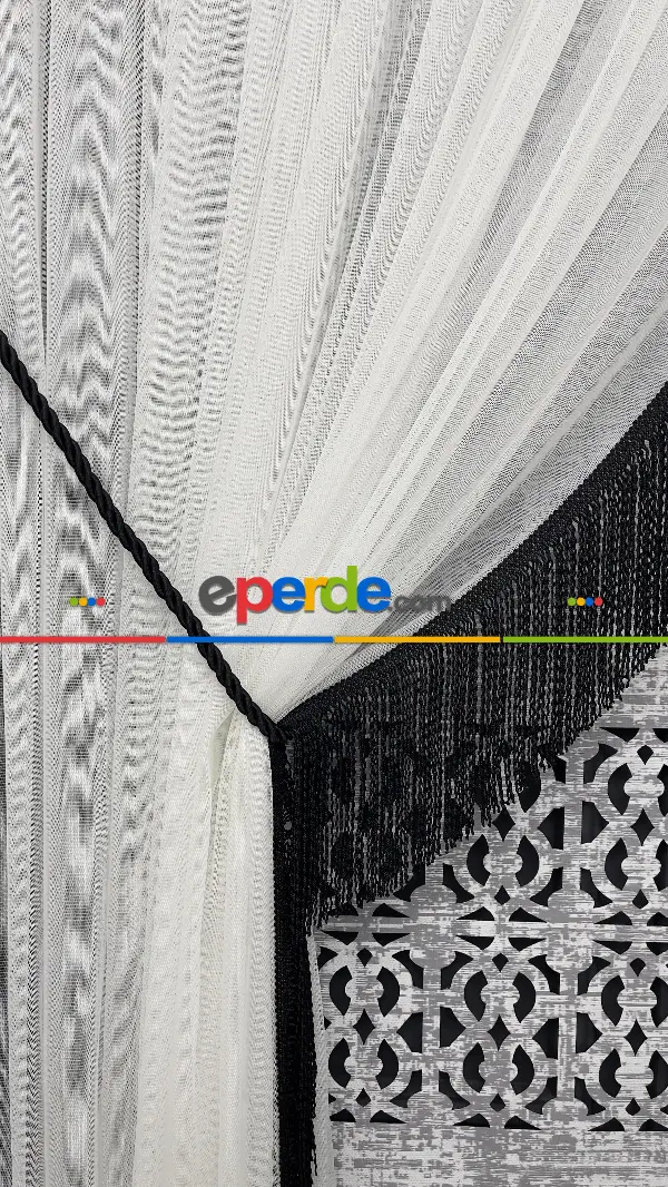 Siyah Saçak Detaylı Tül Fon Perde - Kordon Toplama