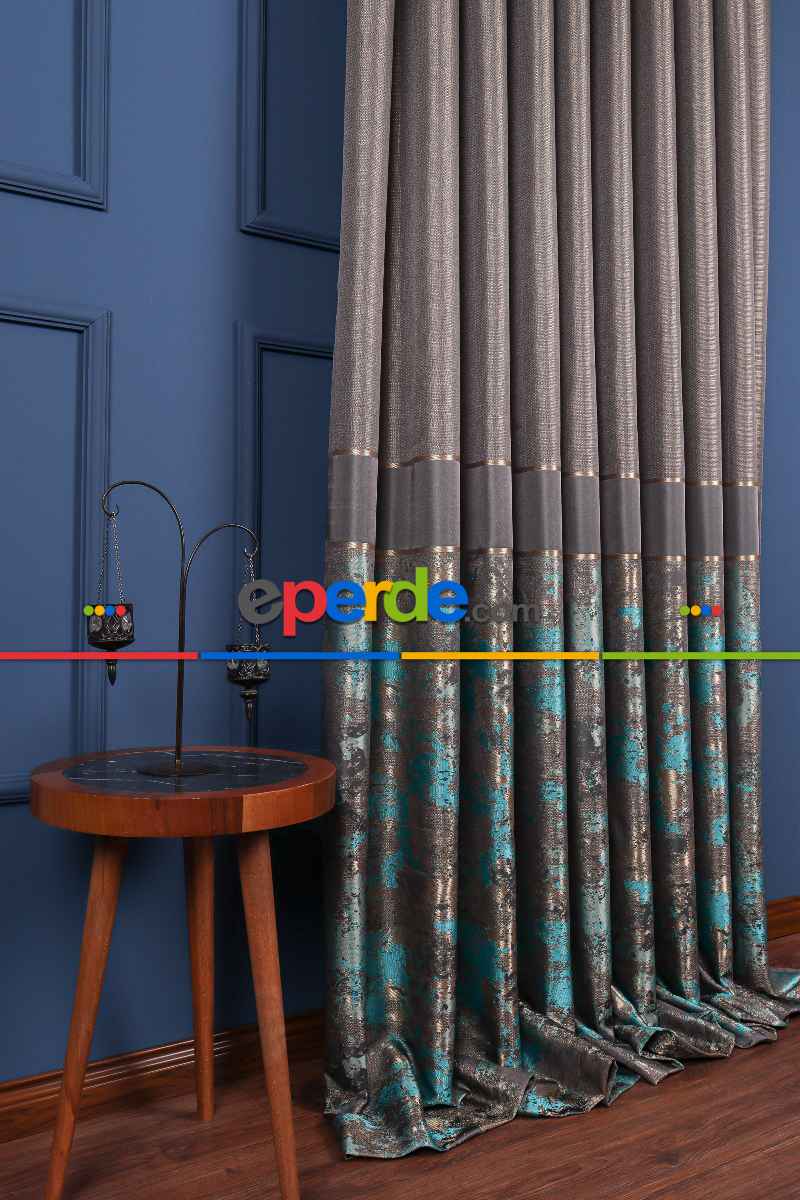 Yatak Odası Fon Perde - Simay Gri-turkuaz-gold Pano Fon Perde