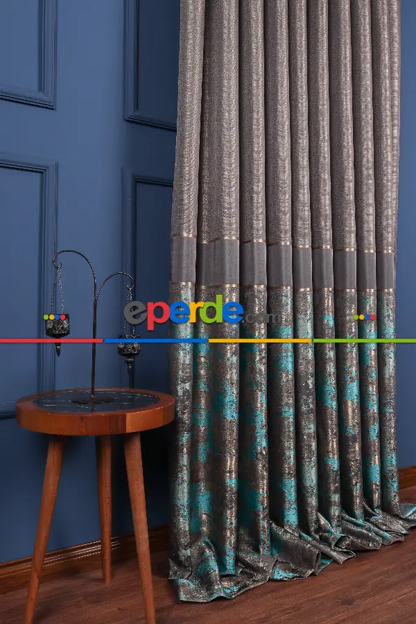 Yatak Odası Fon Perde - Simay Gri-turkuaz-gold Pano Fon Perde