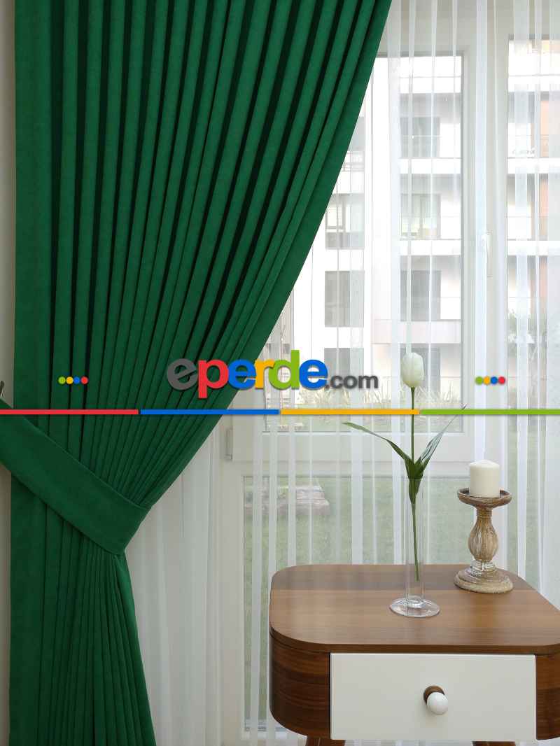 Petrol Yeşili Düz Fon Perde Dökümlü Birinci Kalite 300 Cm Geniş En Daha Hesaplı- Yeşil Koyu Yeşil