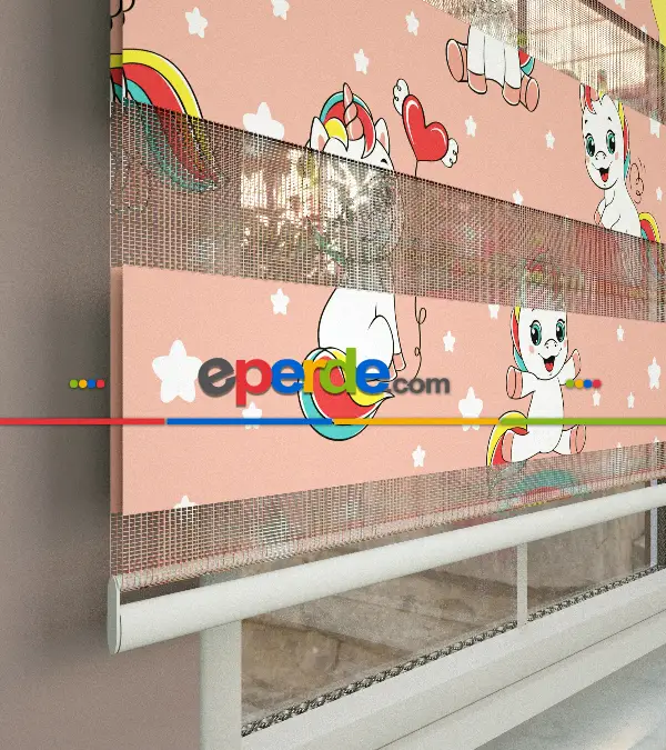 Unicorn Desenli Baskılı Zebra Perde- Çok Renkli