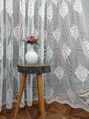 Serpme Damask Desenli Fransız Dantel Tül Perde- Ekru