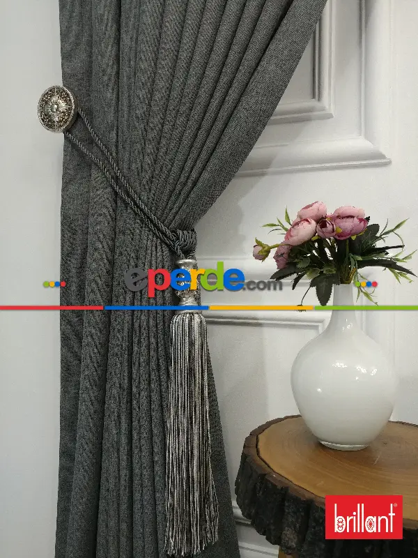 Yatak Odası - Brillant Keten Gri Renk Düz Fon Perde - Gri-füme-antrasit
