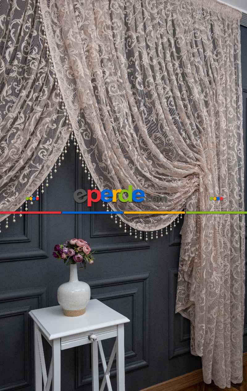 Vizon Bej Açık Kahverenk Renk Desen Şal Model Tül Kruvaze Yanki Tül