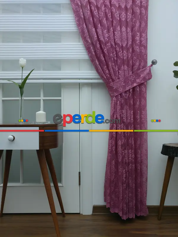 Tül Fon Perde- Gül Kurusu Damask Desenli- Gül Kurusu