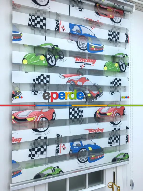 Zebra Perde - Araba-far Baskılı Çocuk Ve Genç Odası- Yeşil-mavi-kiremit Rengi