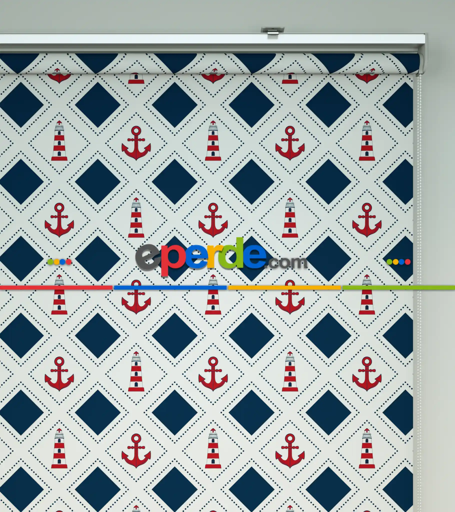 Çapa Desenli Baskılı Stor Perde- Lacivert-kırmızı-çok Renkli