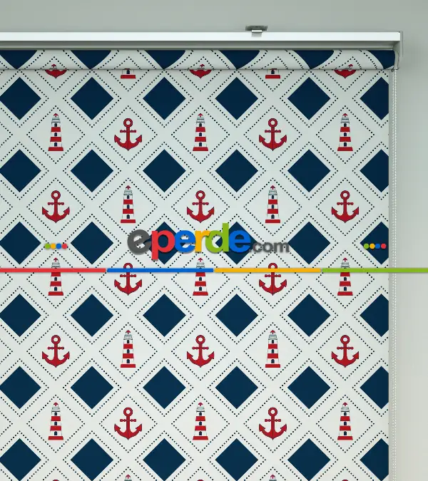 Çapa Desenli Baskılı Stor Perde- Lacivert-kırmızı-çok Renkli