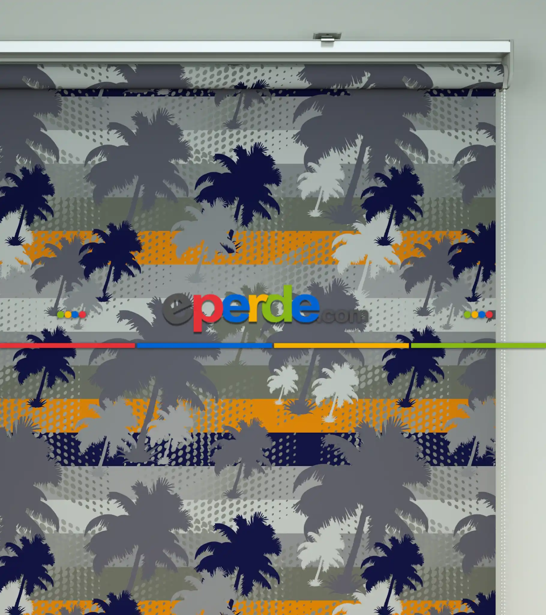 Palmiye Desenli Baskılı Stor Perde- Gri-füme-antrasit-turuncu-çok Renkli