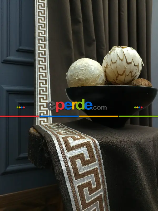 Modern Bordürlü Salon Fon Perdesi İkon 2021 Elıte- Krem Açık-kahve Venge-kahve