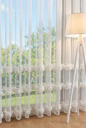 Bambu Zemin, Etek Püsküllü Tül Perde, Bambu Doğal Dokulu, Ekru