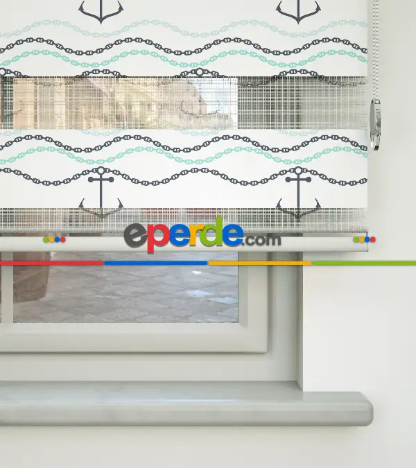 Bebek Odası Zebra Perde - Çapa Baskılı Zebra Perde- Gri-Füme-Antrasit-Beyaz-Turkuaz