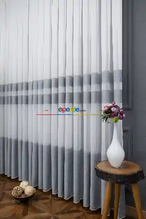 Hazır Ölçülü Gri Bantlı - Tasarım Bambu Modern Tül Perde - Yüksek Kalite - Kurşunlu