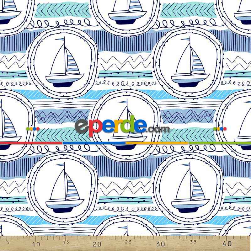 Bebek Odası Fon - Marine Desenli Fon Perde Evm791 Kumaşı Kalındır Duck Bezi Değildir- Mavi