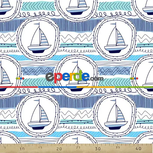 Bebek Odası Fon - Marine Desenli Fon Perde Evm791 Kumaşı Kalındır Duck Bezi Değildir- Mavi