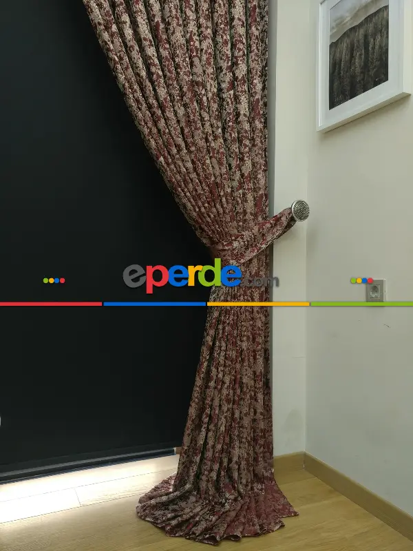 Bordo Krem Desenli Jakar Fon Perde - Bordo