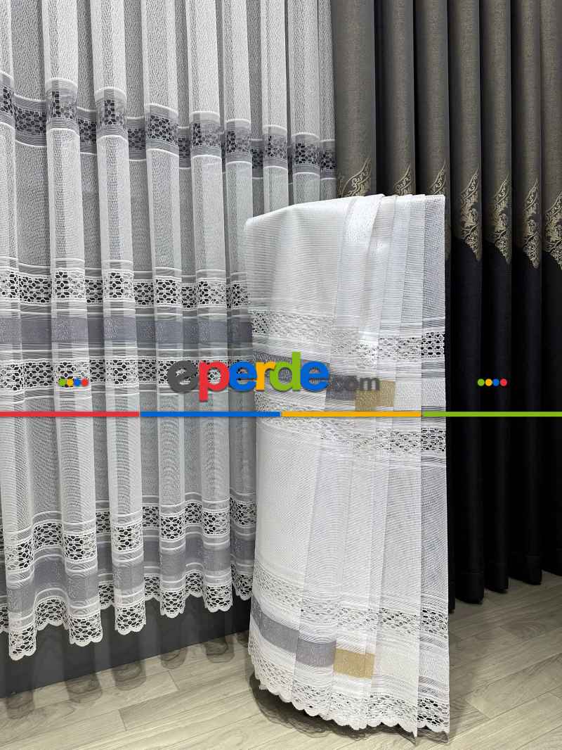 Salon - Aplik Örme Tül Perde Tek Kanat - Ekru / Gri