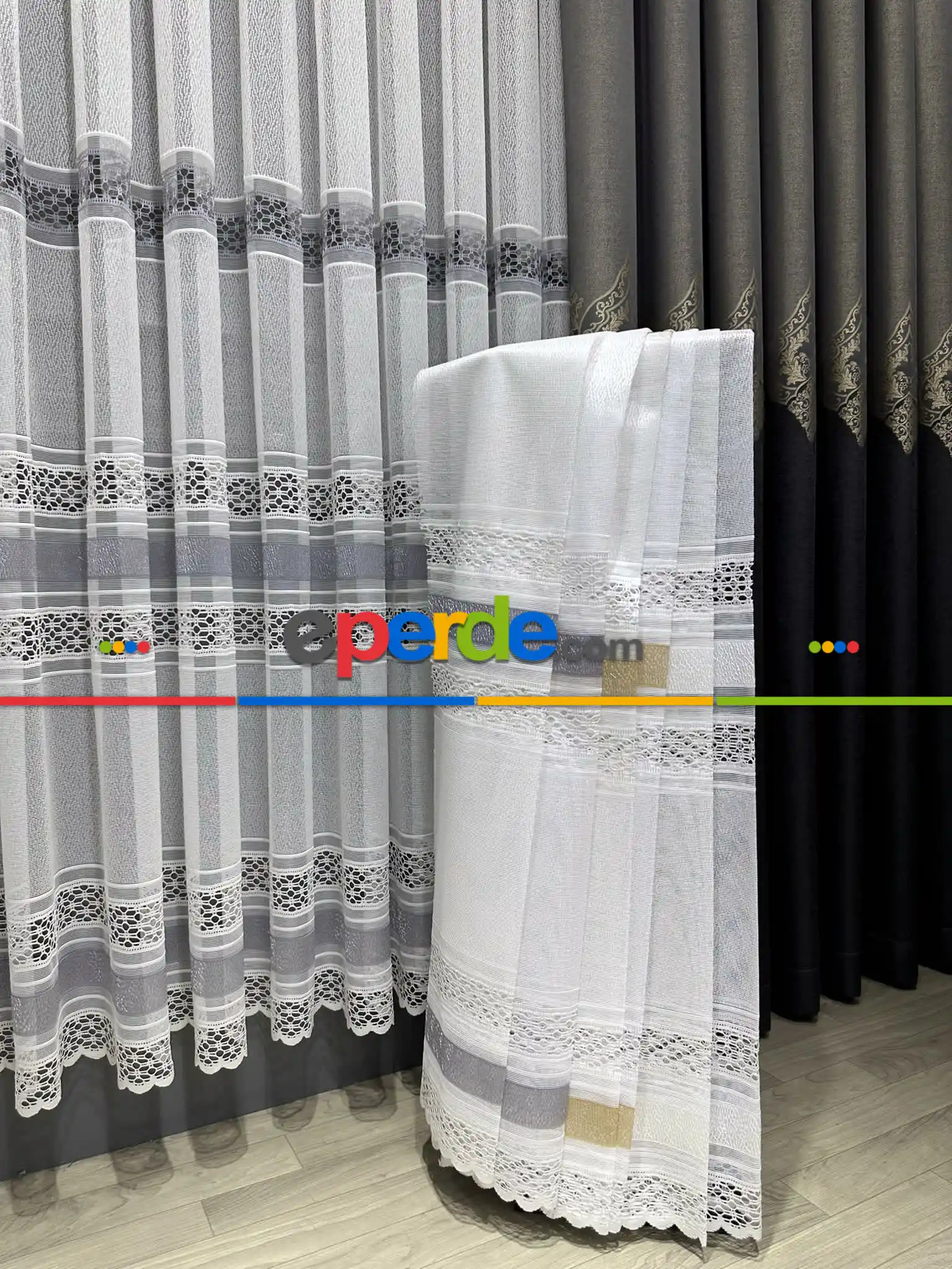 Örme Tül Perde - Etek Ucu Desenli ve Bantlı Tül - Ekru/Gri/Altın/Gold/Beyaz