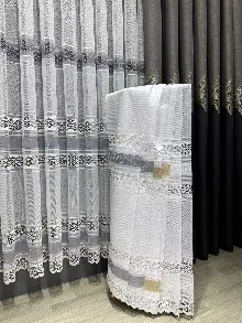 Örme Tül Perde - Etek Ucu Desenli ve Bantlı Tül - Ekru/Gri/Altın/Gold/Beyaz